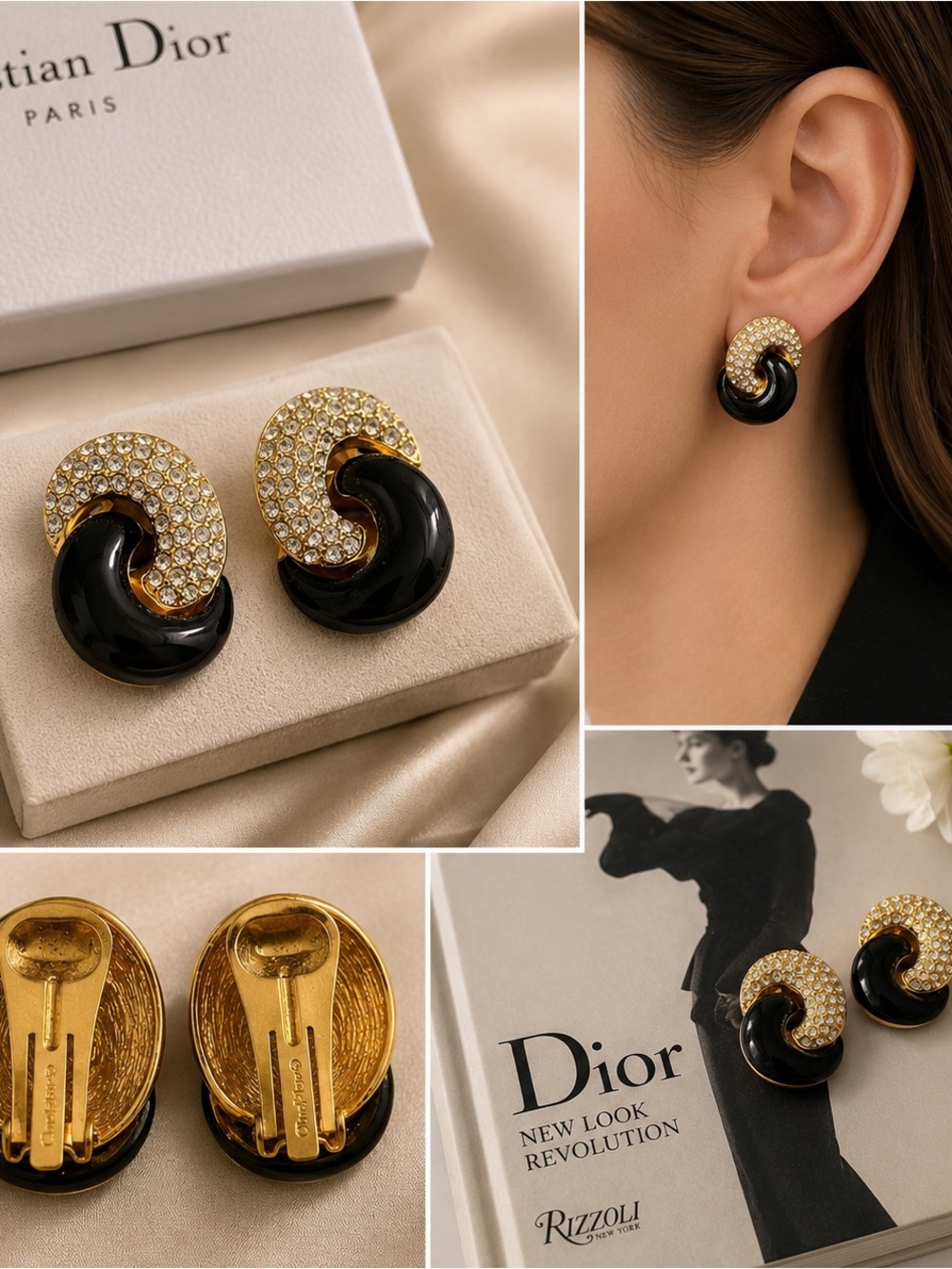 Vintage Christian Dior Black and Gold Pave Crystal Swirl Clip-On Earrings